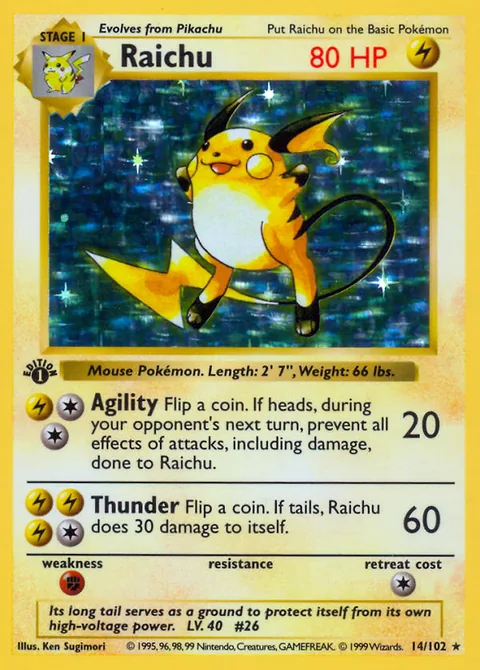 Raichu card, number 14/102, Rare Holo