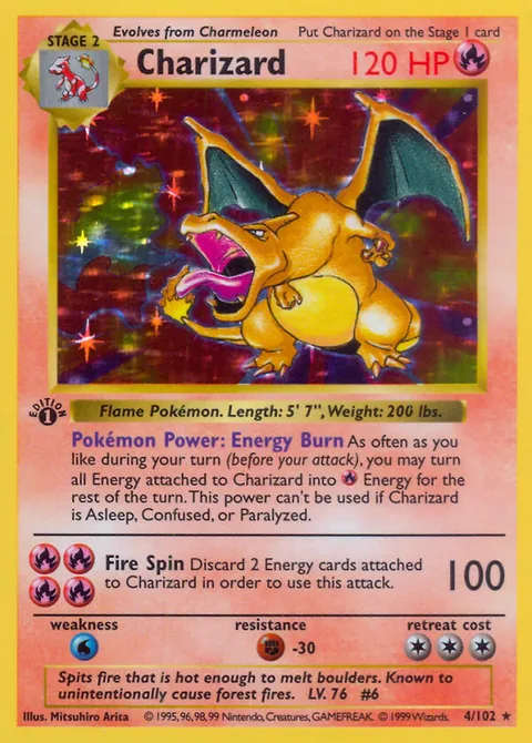 Charizard card, number 4/102, Rare Holo