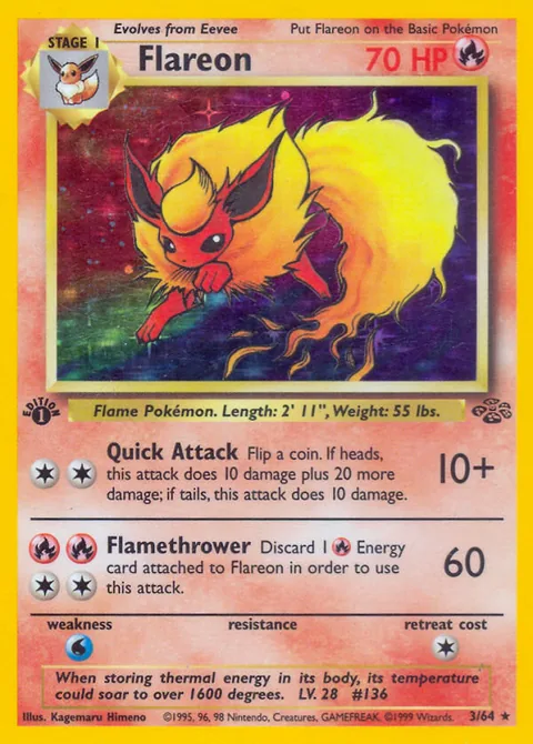 Flareon card, number 3/64, Rare Holo, illustrated by Kagemaru Himeno