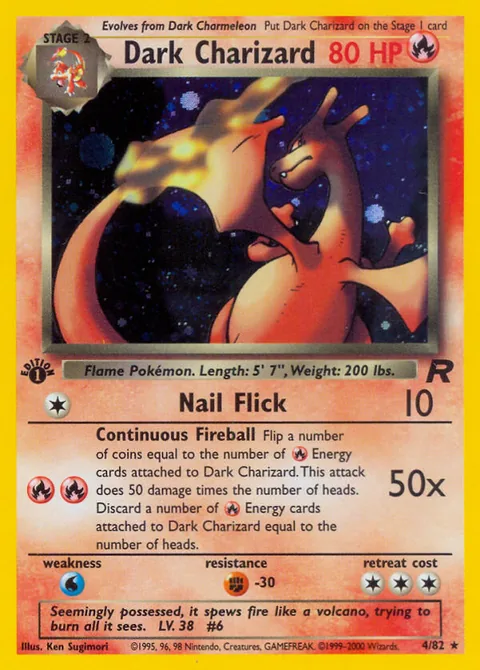 Dark Charizard card, number 4/82, Rare Holo, illustrated by Ken Sugimori