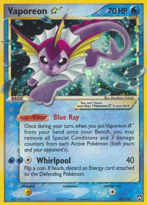 Vaporeon ★ card, number 102/108, Rare Holo Star