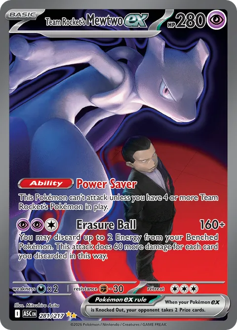 Team Rocket's Mewtwo ex card, number 281/217, Special Illustration Rare