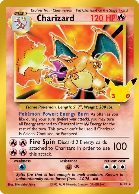 Charizard card, number 4/102, Rare Holo