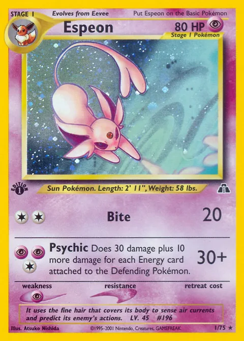 Espeon card, number 1/75, Rare Holo, illustrated by Atsuko Nishida