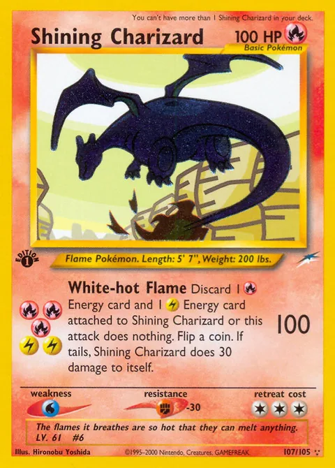 Shining Charizard card, number 107/105, Rare Shining