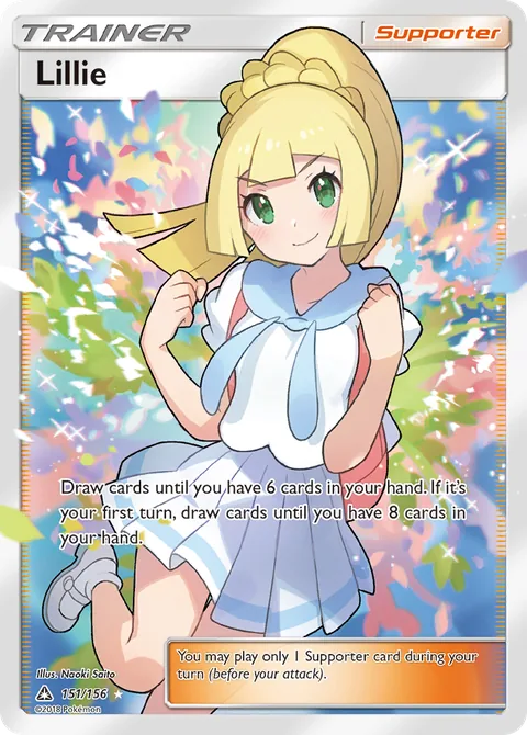 Lillie card, number 151/156, Rare Ultra, illustrated by Naoki Saito