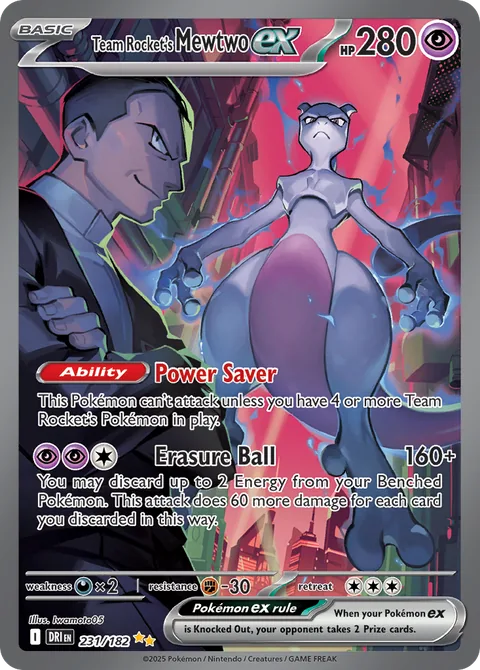 Team Rocket's Mewtwo ex card, number 231/182, Special Illustration Rare
