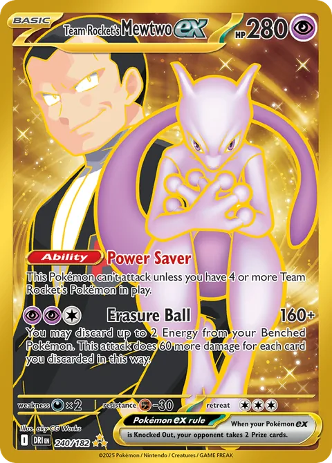 Team Rocket's Mewtwo ex card, number 240/182, Hyper Rare