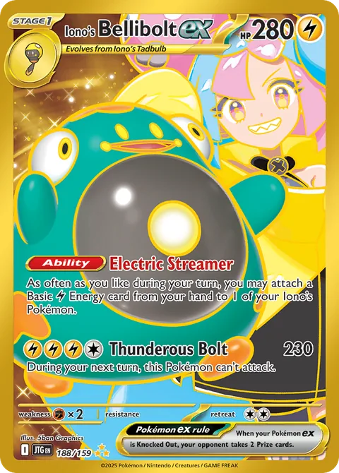 Iono's Bellibolt ex card, number 188/159, Hyper Rare
