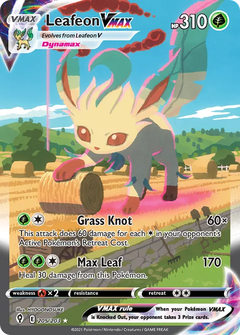 Leafeon VMAX card, number 205/203, Rare Rainbow