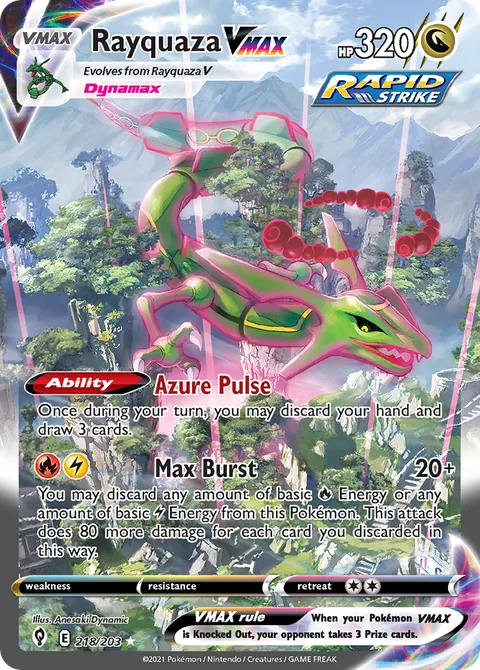 Rayquaza VMAX card, number 218/203, Rare Rainbow